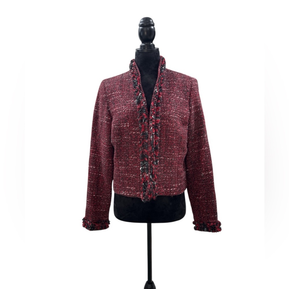 Alfani Red Wool Blend Tweed‎ Fringe Jacket Blazer Sz 12 Dark Academia Corpcore